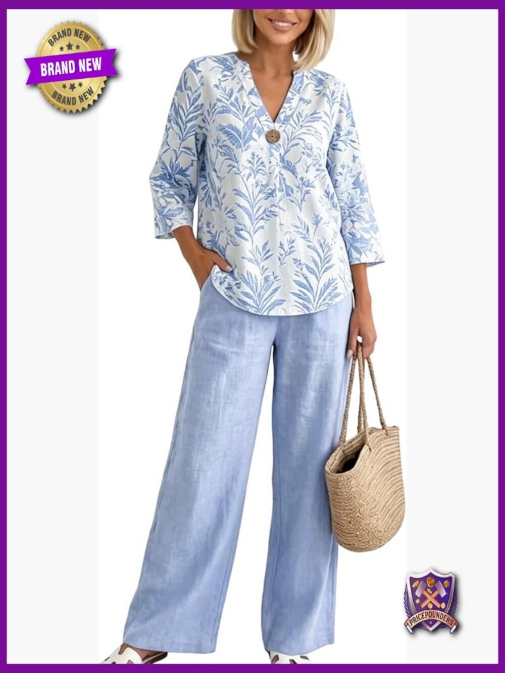 Boho Floral Lounge 2 Piece Set Wide Leg Pants 3/4 Sleeve V Neck Top